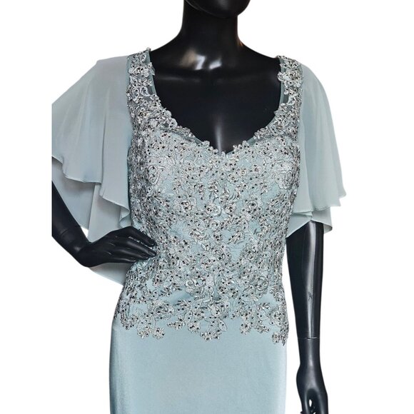 NWT Deep Aqua/Silver Embroidered Chiffon Flutter Sleeve Formal Dress - Picture 6 of 14